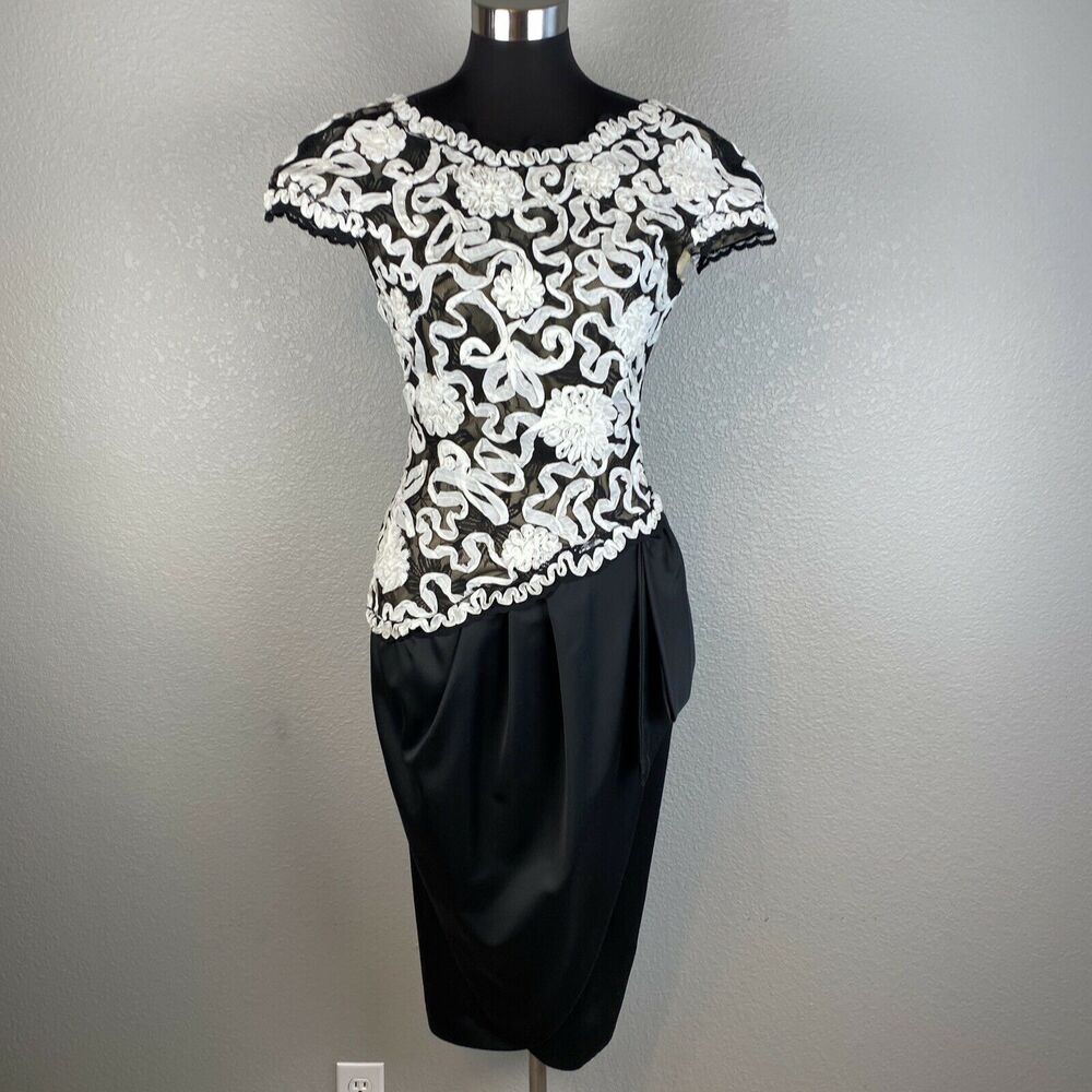 Vintage Victor Costa Tulip Column Midi Dress Size 6 Black White Ribbon Floral